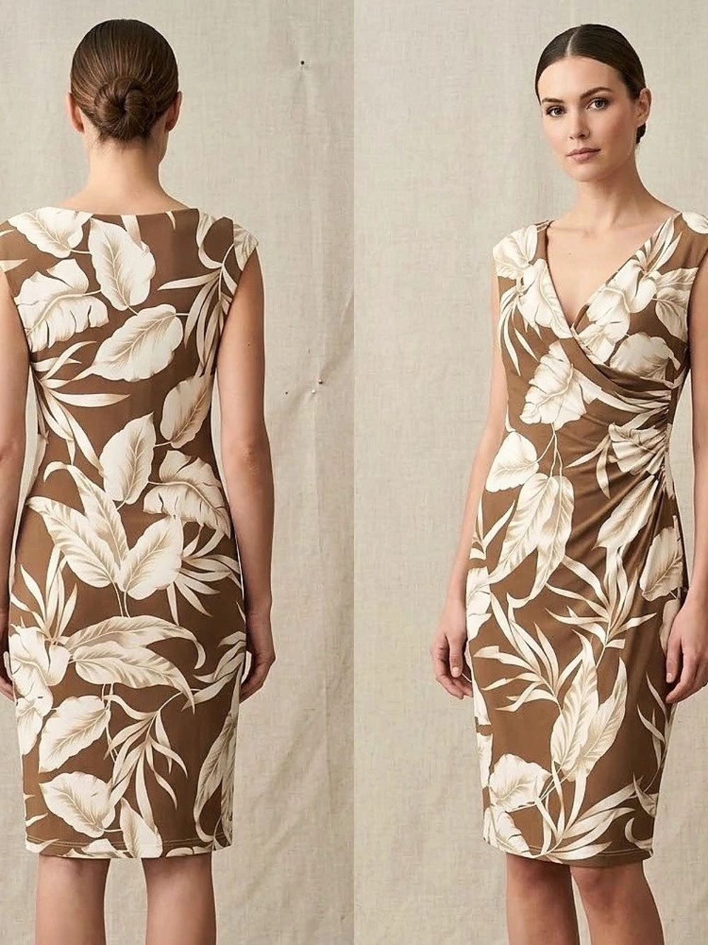 Joseph Ribkoff Tropical Print Sheath Dress Floral Midi Brown & White Medium A+++